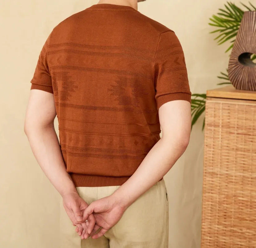Knitted Henley shirt American retro slim-fit short sleeve in denim blue cotton lyocell blend