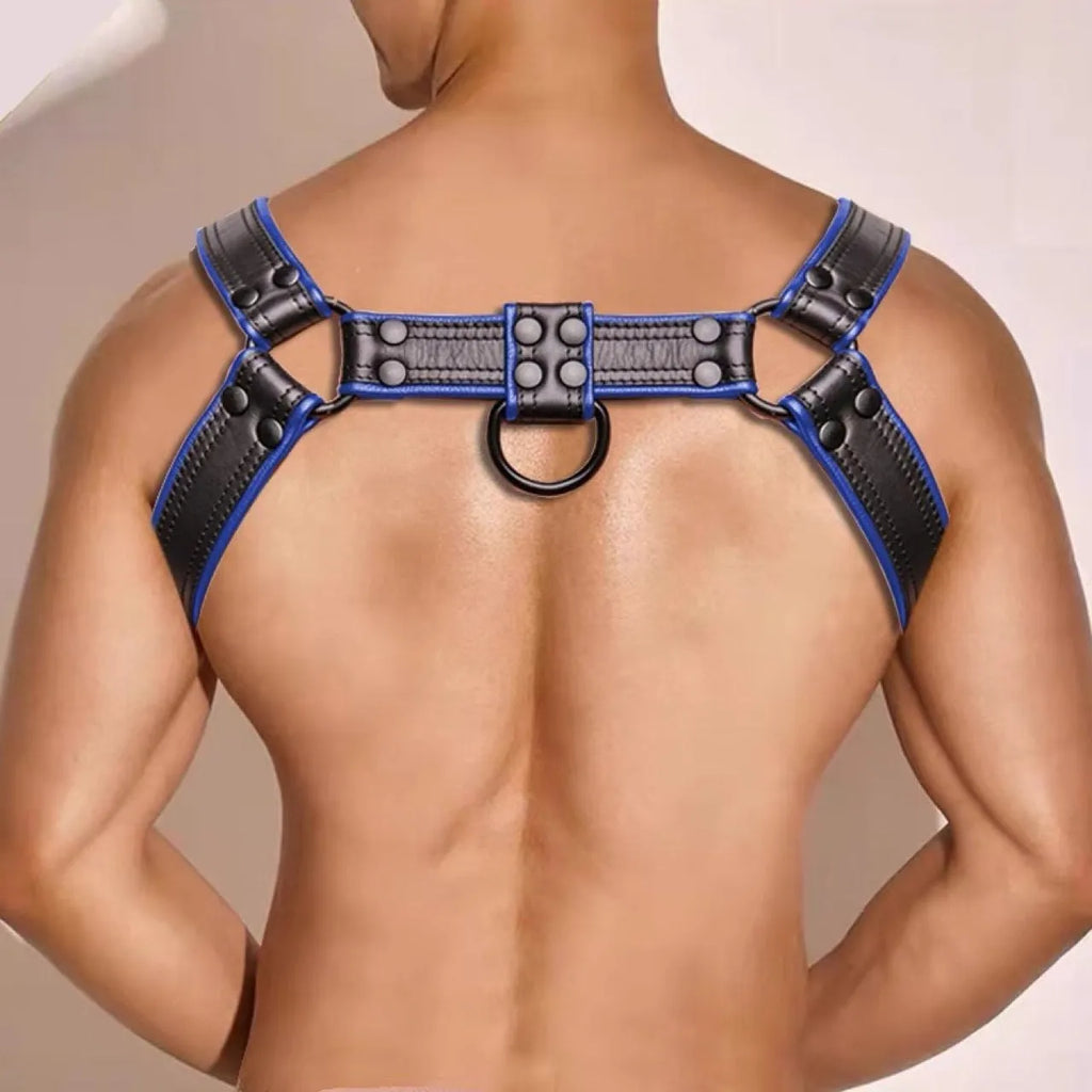 Blue and black adjustable leather shoulder strap with metal rivet buckle for party binding