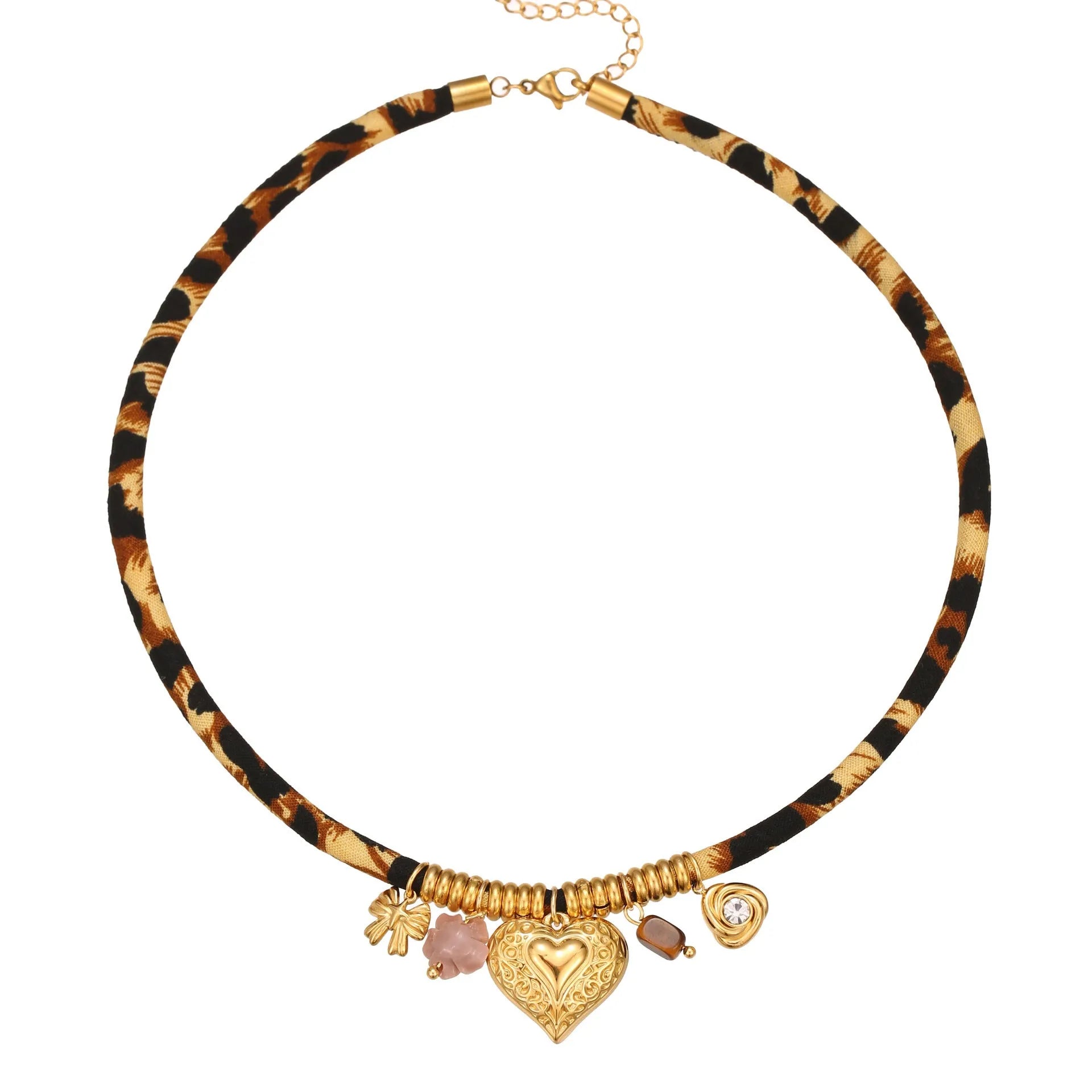 Women's geometric leopard design necklace in stainless steel with gold plating and adjustable chain