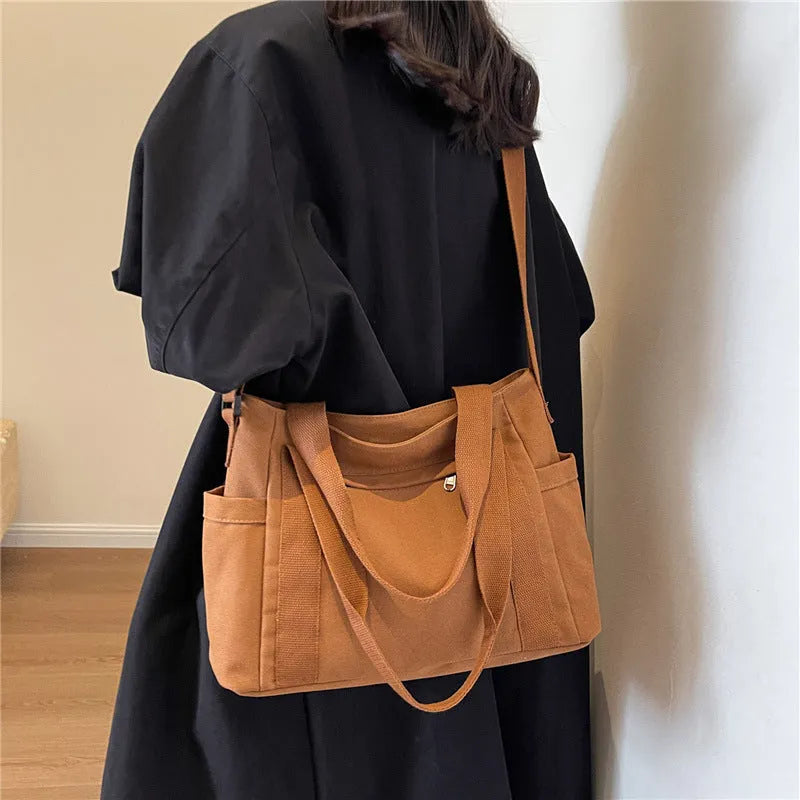 Women's canvas shoulder tote bag with sandwich pocket in solid colour options