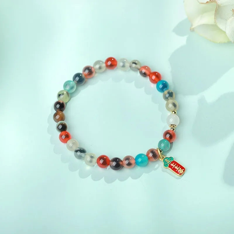 Natural colourful sugar heart agate and coloured glaze copper coin snake bracelet for women