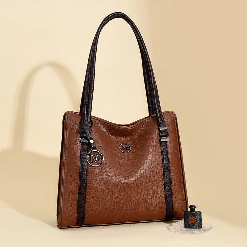 Genuine leather women's large capacity bag in horizontal square shape with double shoulder straps