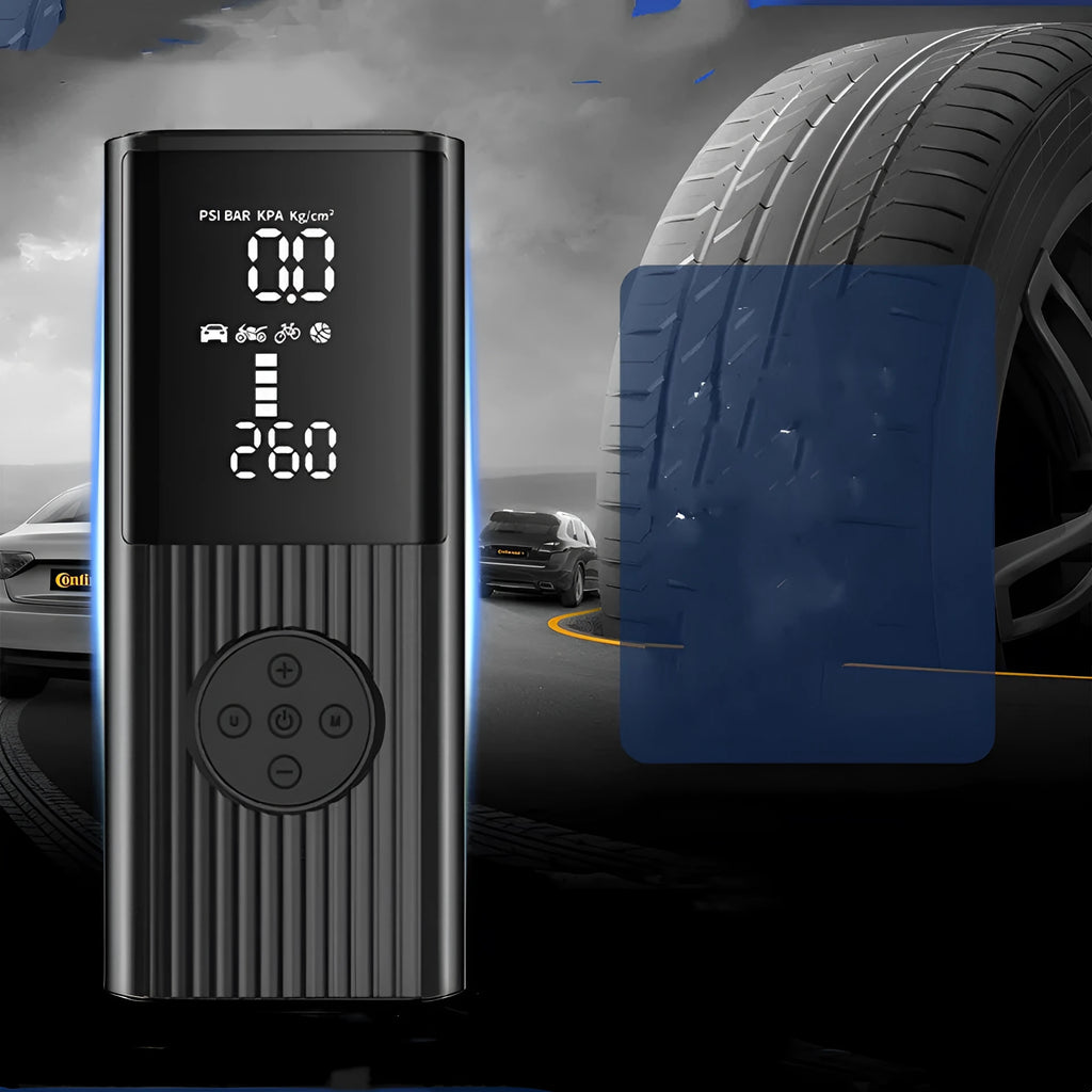 Black portable wireless car tyre inflator with digital display, LED light, and USB port on a red background.