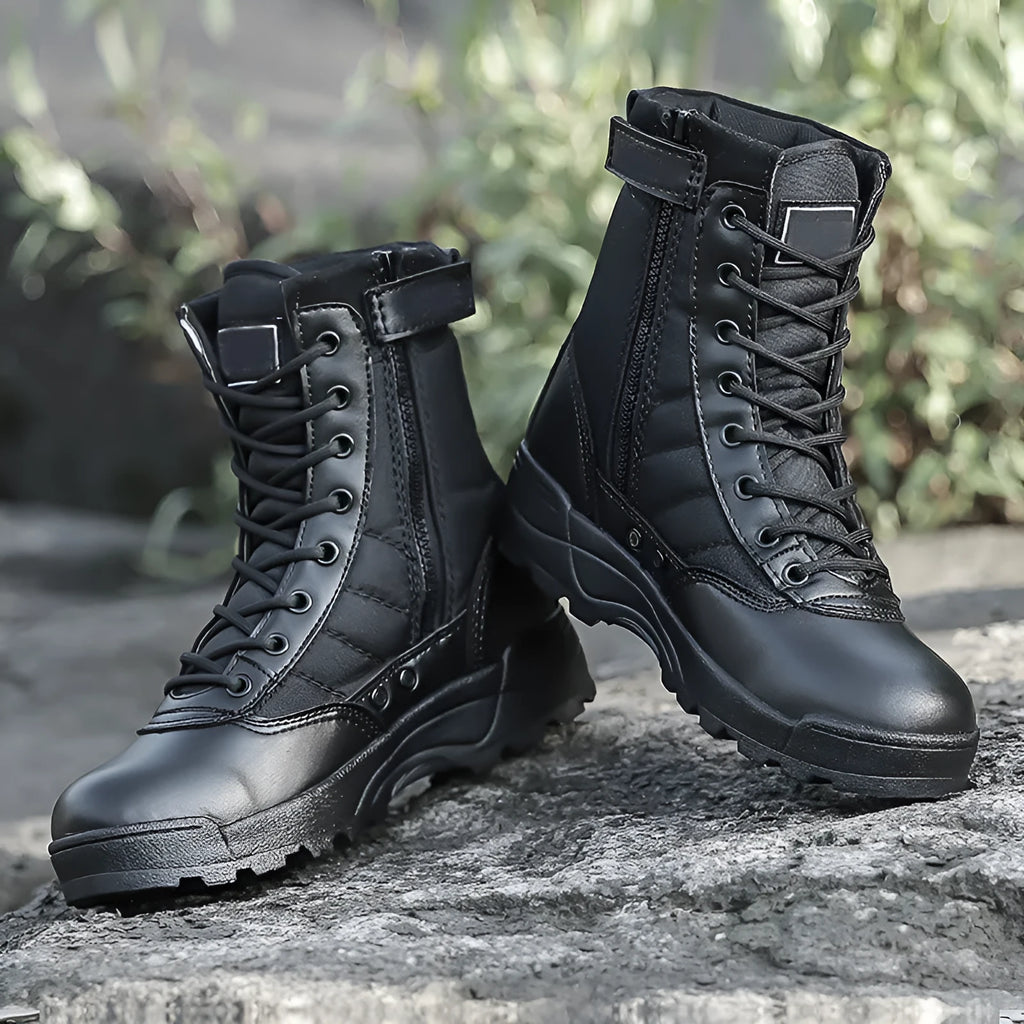 Desert combat boots in microfiber leather, black colour, side view with laced design