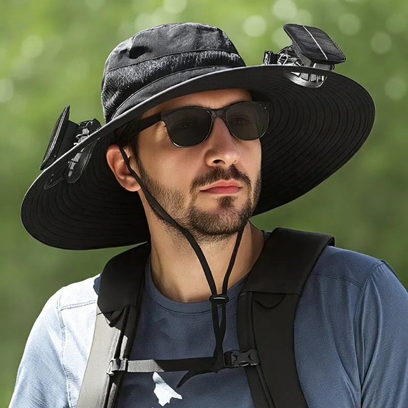 Men's grey solar-powered fan hat with integrated cooling fan and wide brim for sun protection.