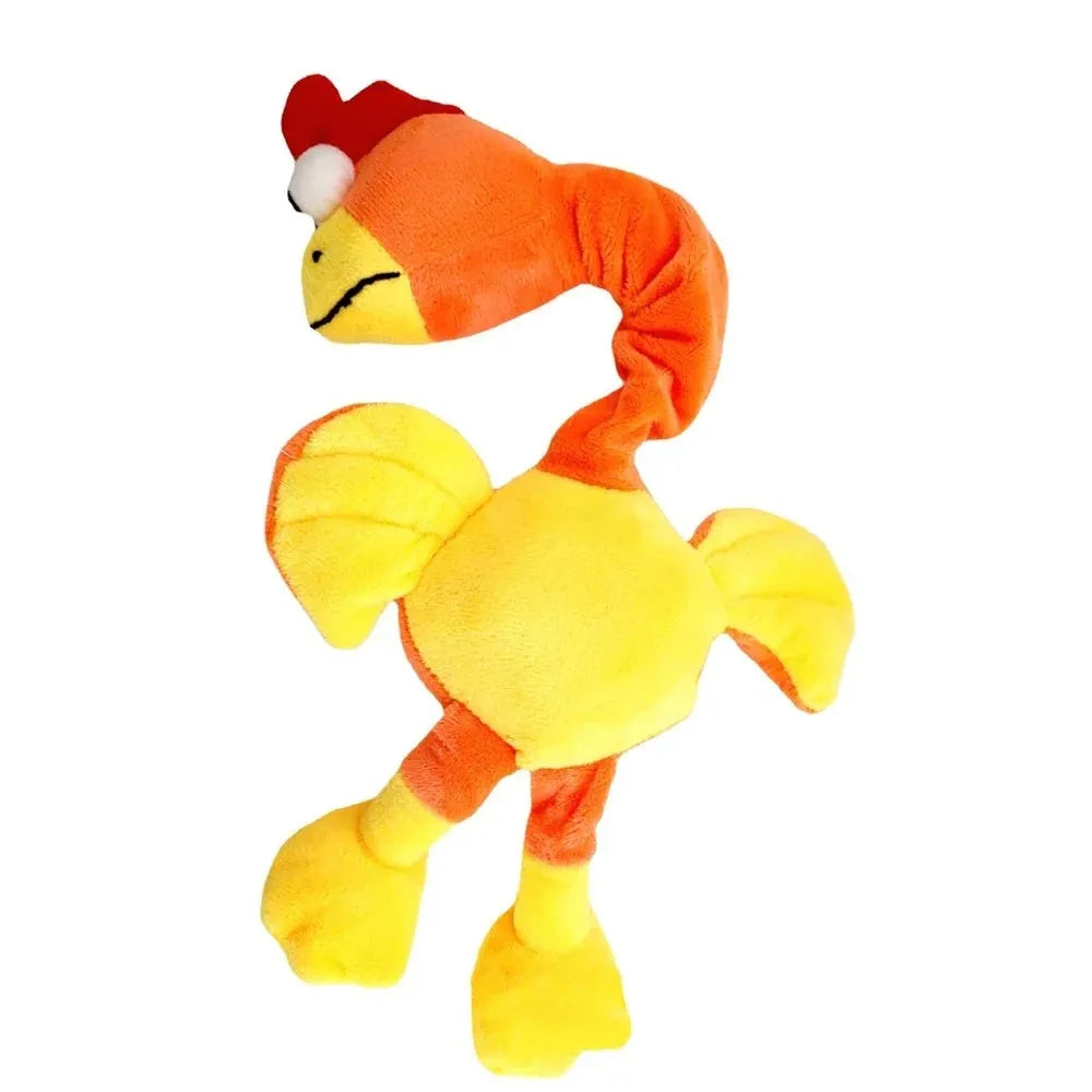 Screaming chicken sound dog chew toy in bite-resistant material, shown in black, green, and orange.