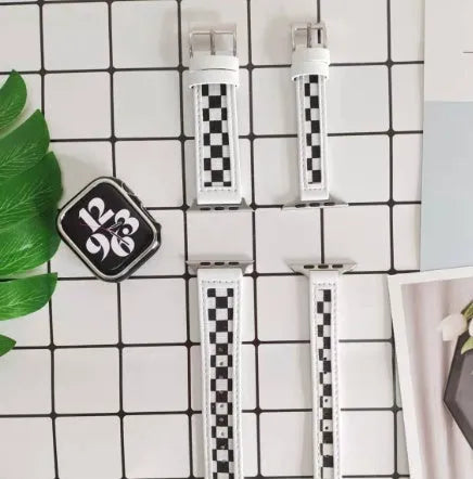 Black and white checker canvas leather strap for Apple Watch 38mm 40mm 41mm 42mm 44mm 45mm