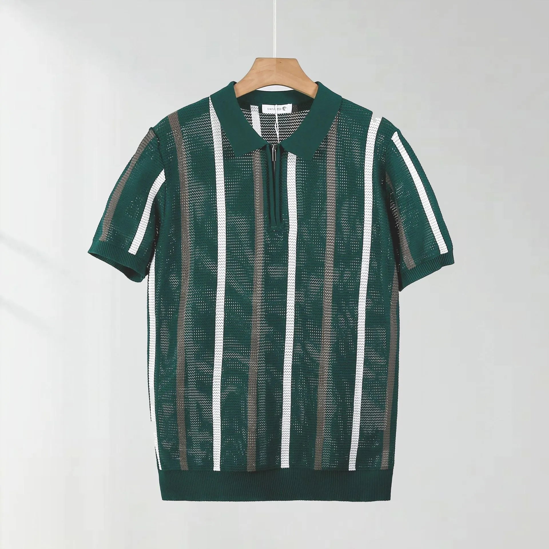 Short-sleeved polo shirt in hollow mesh ice silk fabric with decorative zipper detailing