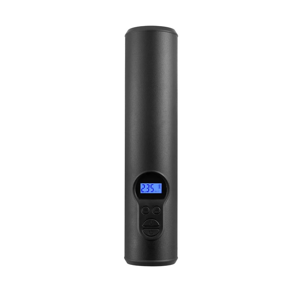Black portable wireless car tyre inflator with digital display, LED light, and USB port on a red background.