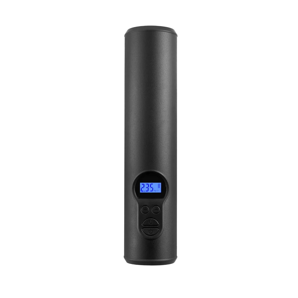 Black portable wireless car tyre inflator with digital display, LED light, and USB port on a red background.