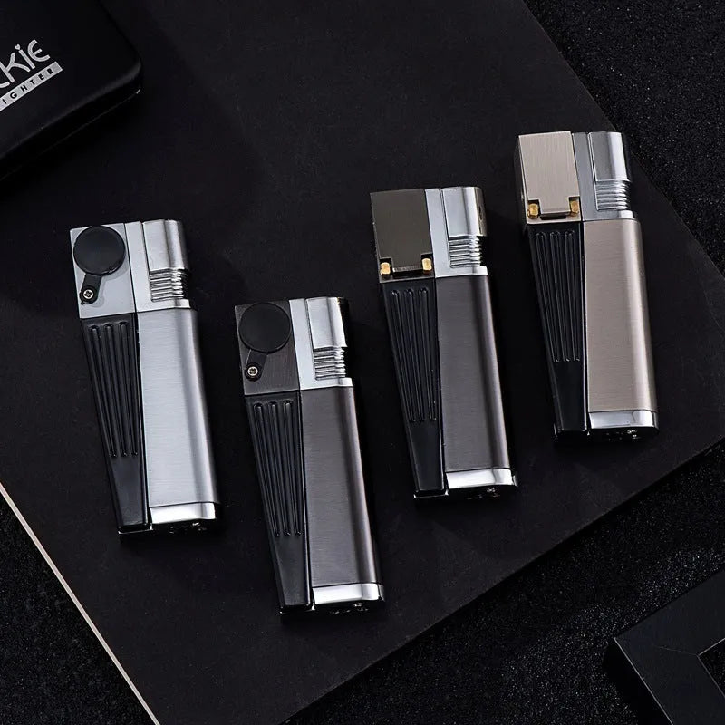 Silver foldable metal pipe lighter shown open, revealing the lighter mechanism and a small stash compartment.