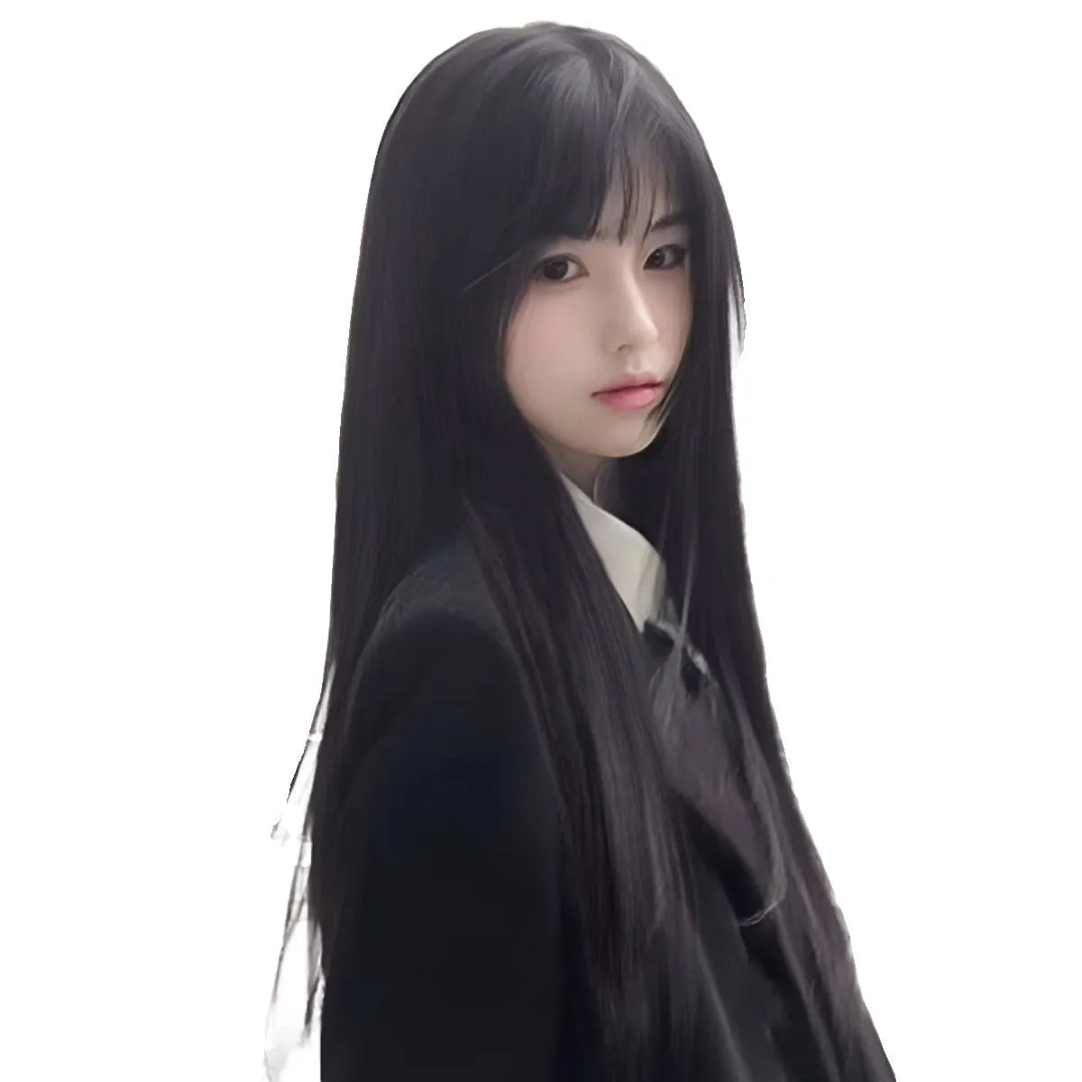 Long straight synthetic wig on a stand, shown in black colour with a full fringe.