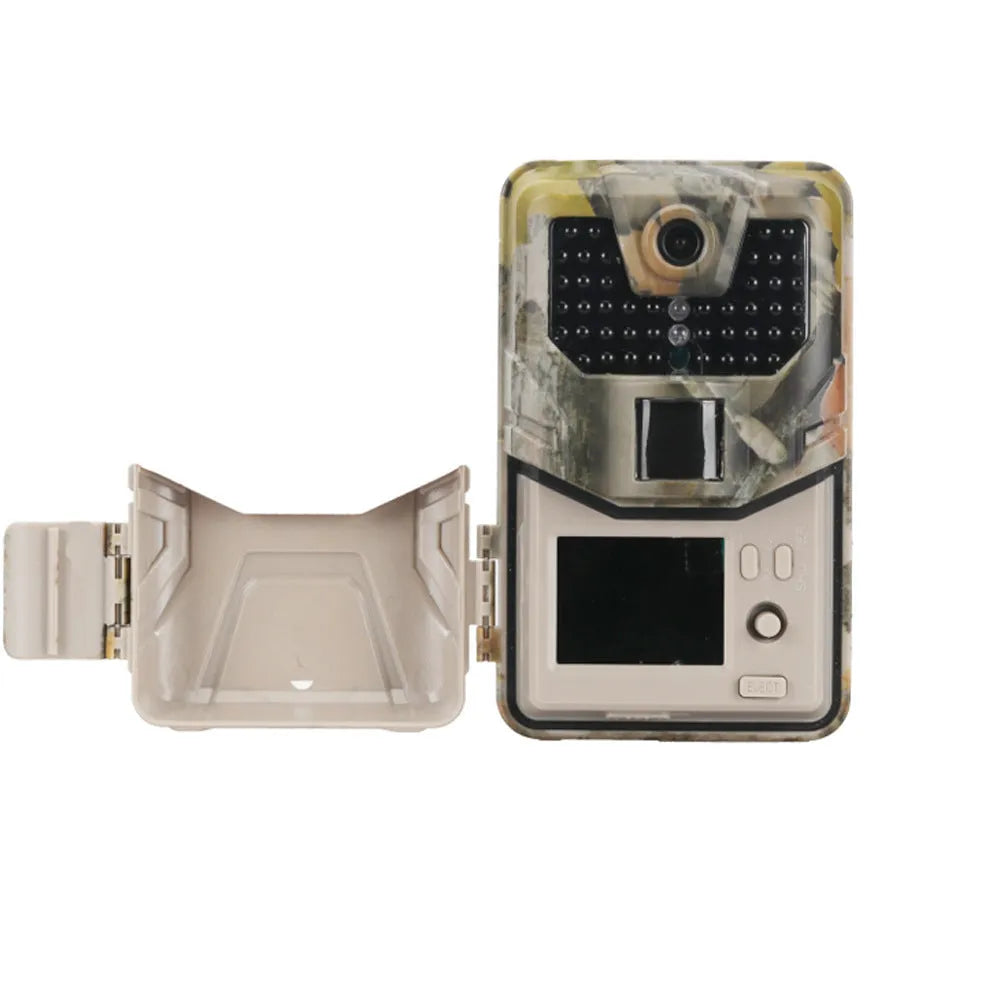 Camouflaged outdoor Bluetooth hunting camera with infrared LEDs for night vision.