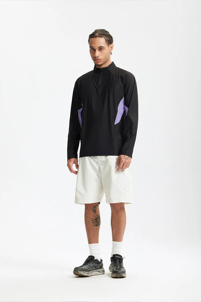 Men's solid colour polyester top with stitching detail, shown in black and beige, long sleeve and short sleeve versions.
