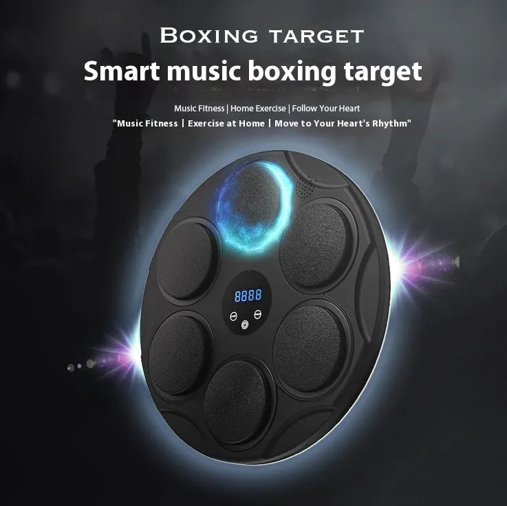 Black wall-mounted smart boxing target with coloured lights and Bluetooth for music fitness training.
