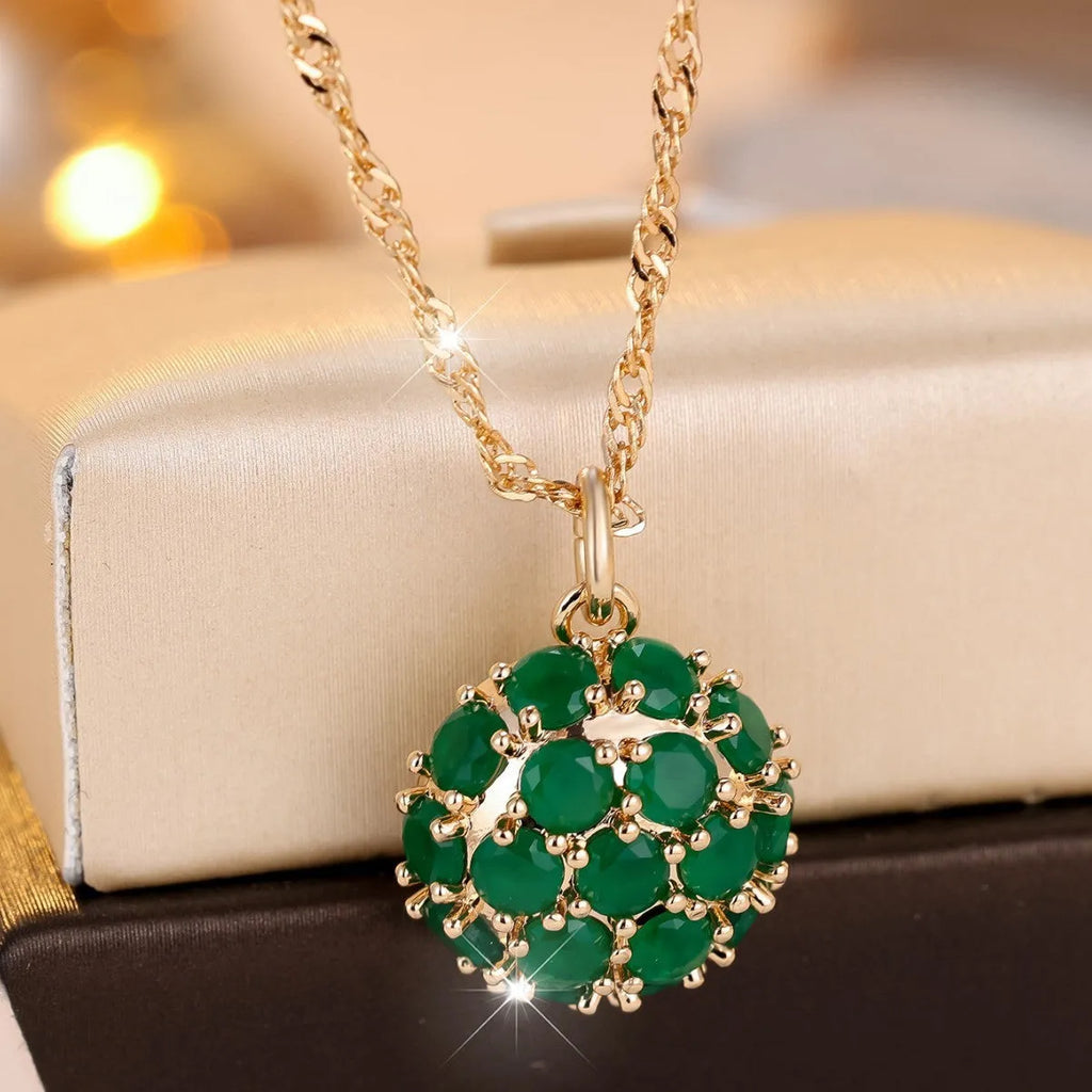 Copper electroplated women's necklace with round emerald diamond pendant on adjustable chain