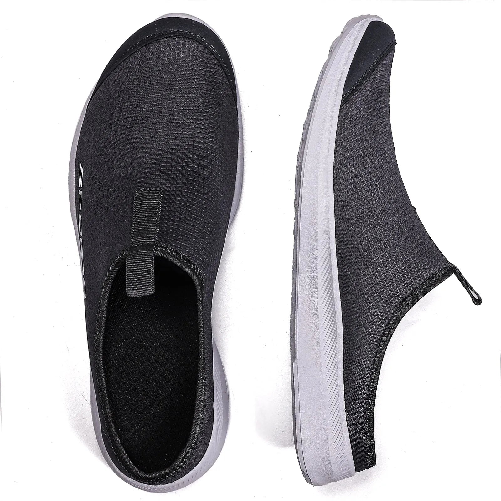 Men's breathable mesh half slippers with EVA sole in khaki and black colours, one-pedal slip-on design