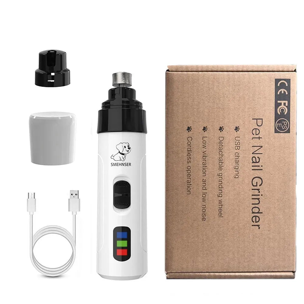 Electric dog nail trimming device with LED display showing speed settings and dust collection compartment