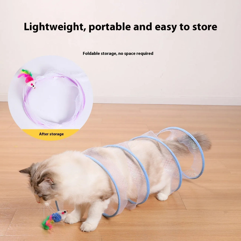 S-type cat tunnel toy with steel frame, mesh sides and dangling feather for feline play