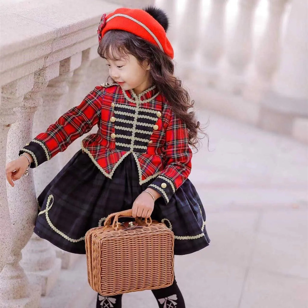 Children's polyester princess dress in red check skirt Gabon style for girls sizes 80-150cm