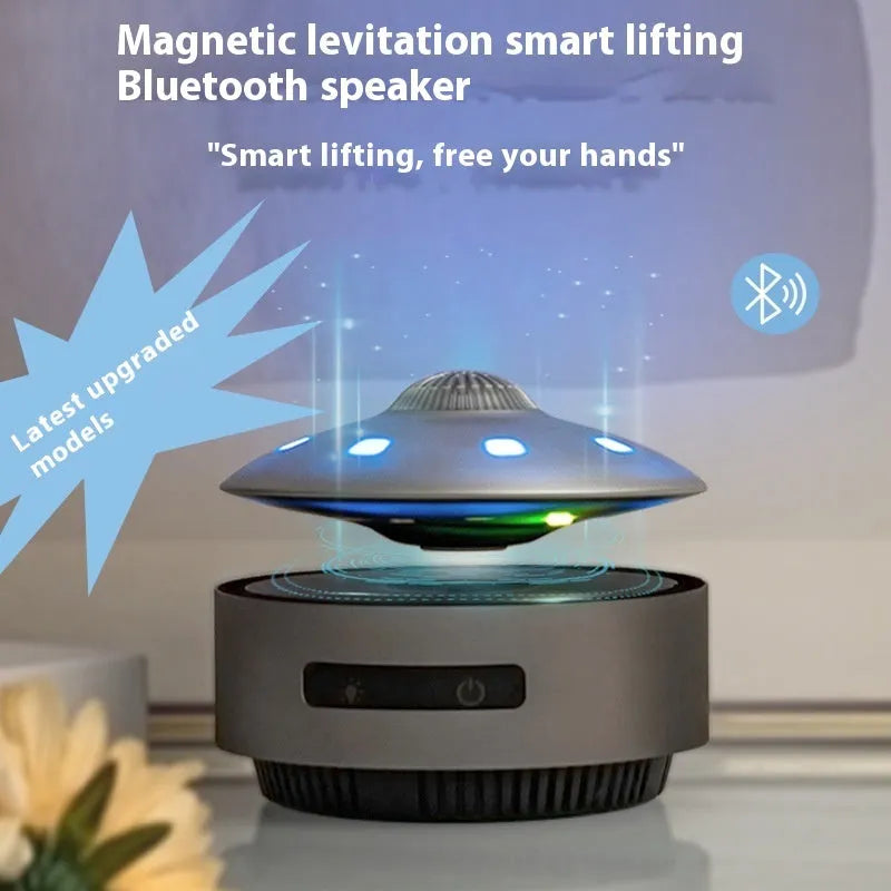 Black automatic lifting magnetic levitation Bluetooth speaker with a floating orb.