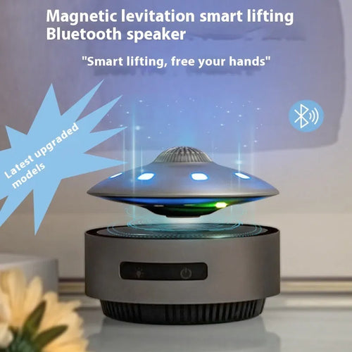 Black automatic lifting magnetic levitation Bluetooth speaker with a floating orb.