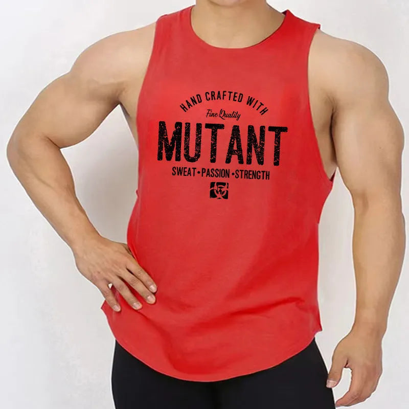 Man wearing a loose grey sleeveless polyester fitness vest for gym workouts.