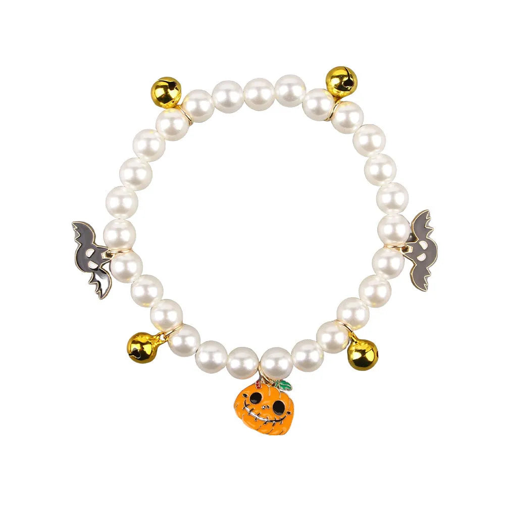 Halloween pet collar with simulated pearl necklace decoration in pumpkin designs