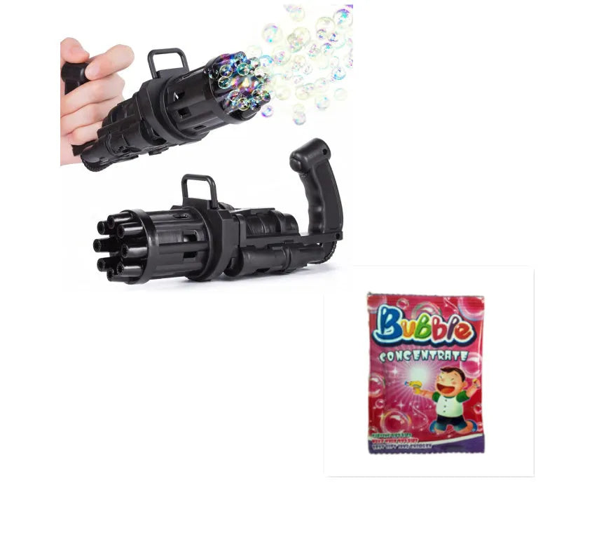 Kids handheld bubble machine gun toy in pink, gold, or black colours with removable bubble head.