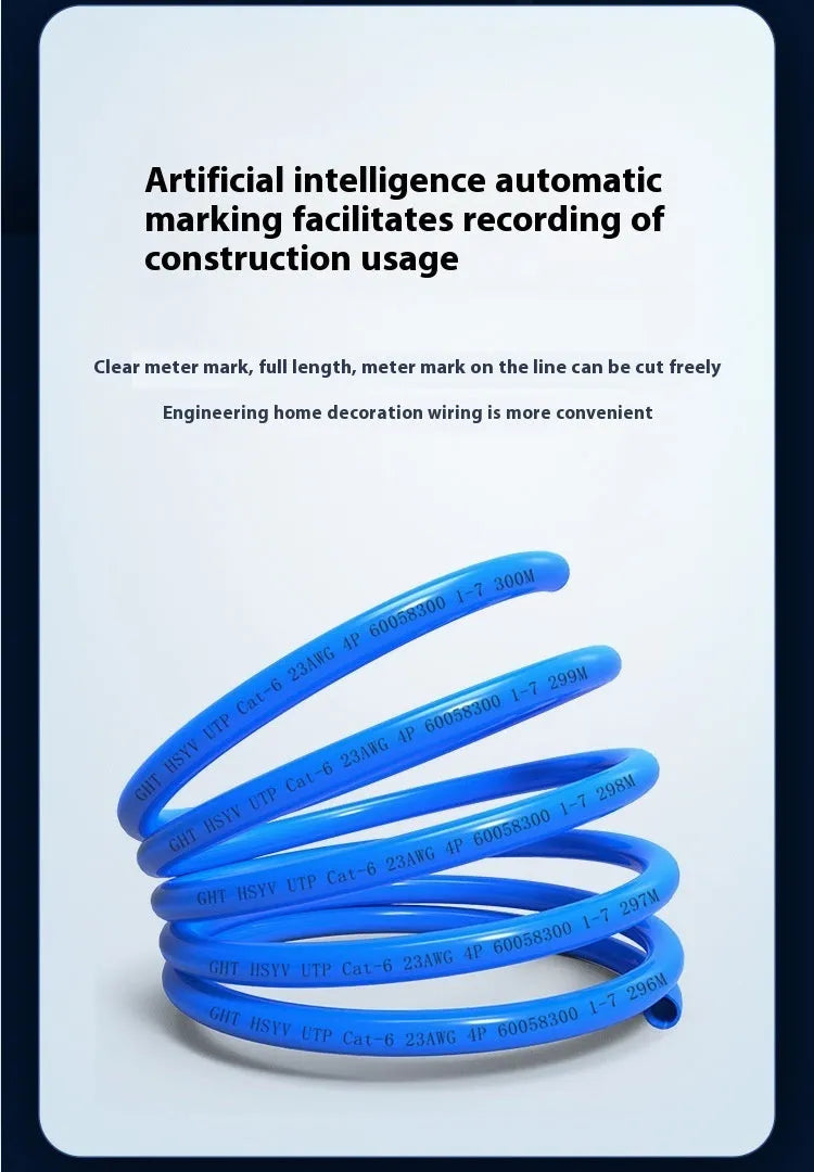 Blue Category 6 gigabit Ethernet network cable on a 305 metre reel with oxygen-free copper core