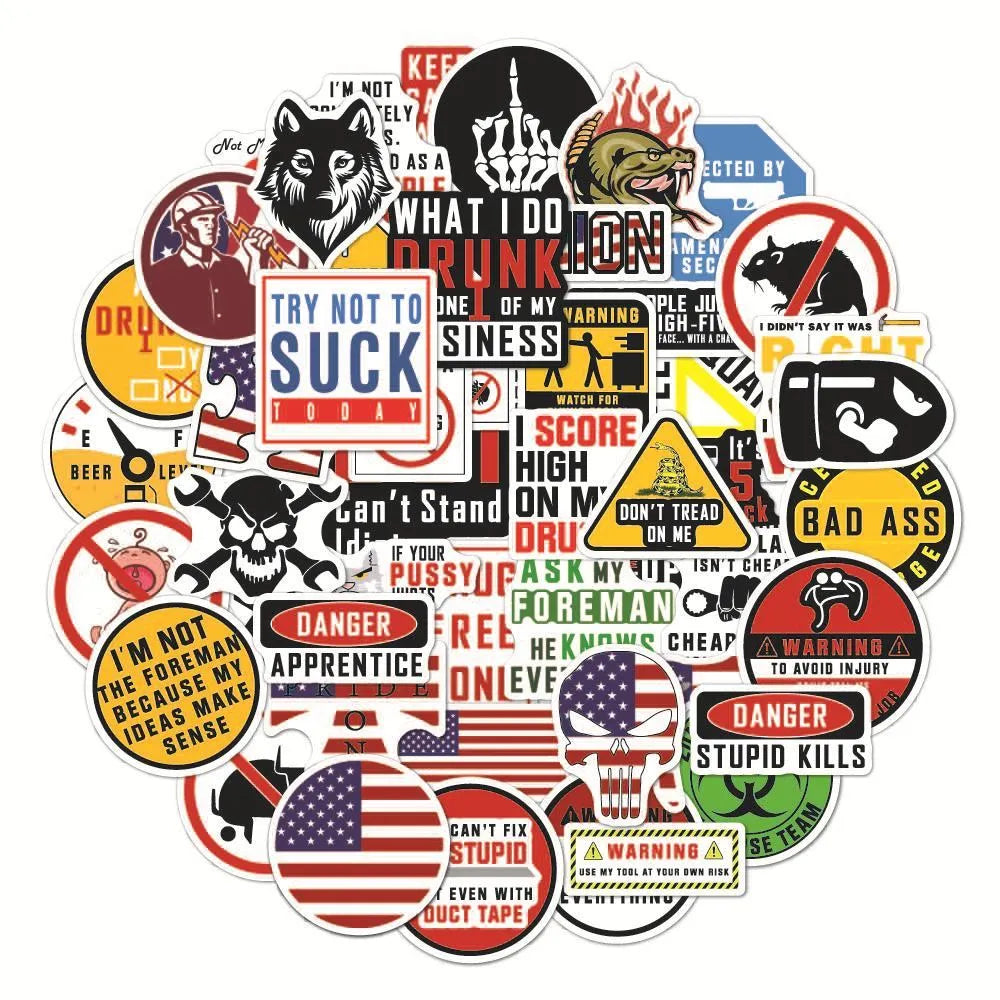 Waterproof motorcycle helmet stickers pack with warning slogans and graffiti designs