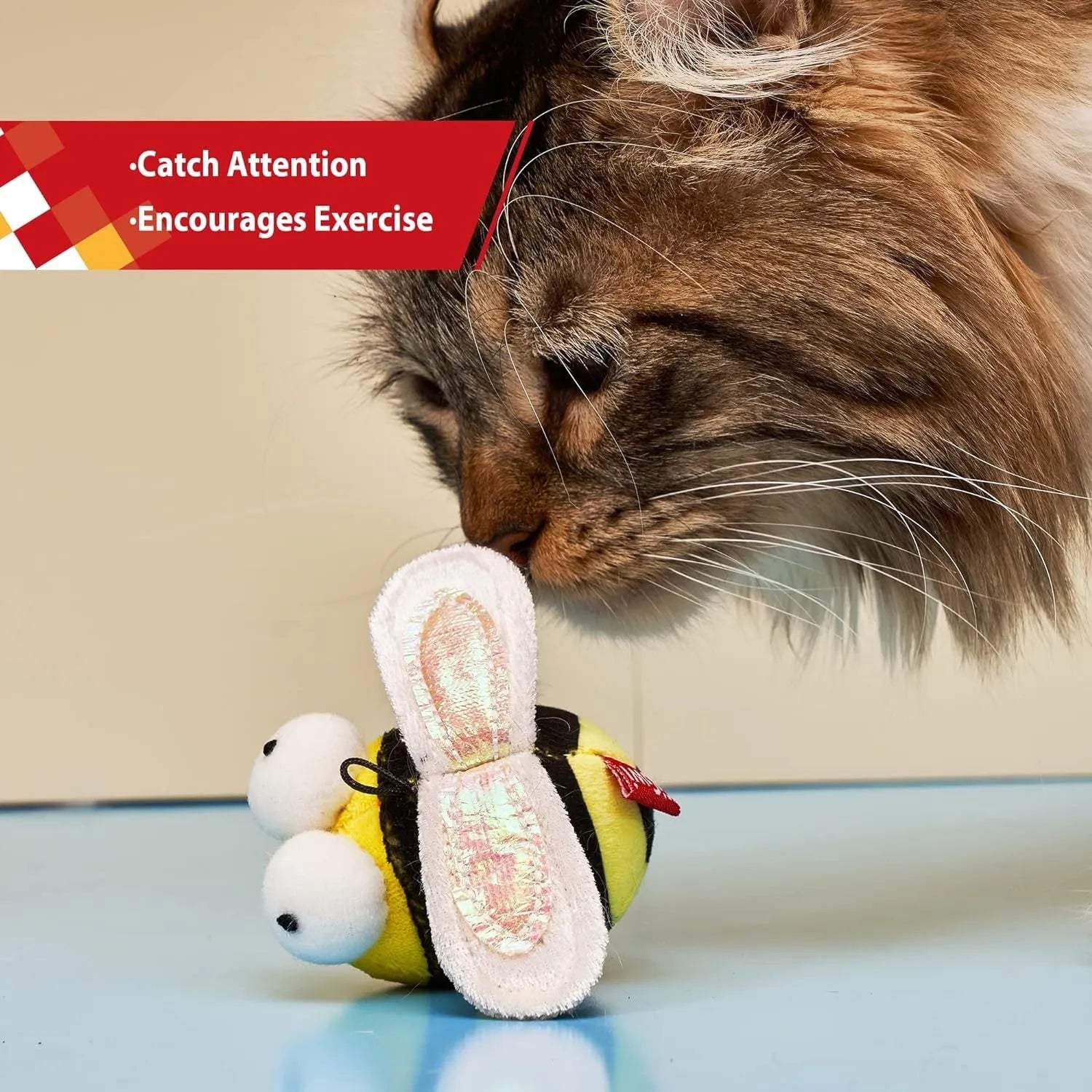 Yellow flannelette electronic bee-shaped cat toy that chirps when moved.