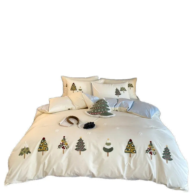 Pure cotton four-piece bedding set with embroidered Christmas tree pattern showing duvet cover, bed sheet and pillowcases