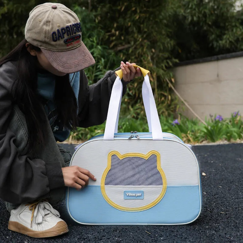 Outdoor portable foldable cat backpack in Oxford cloth with breathable mesh, showing colour options