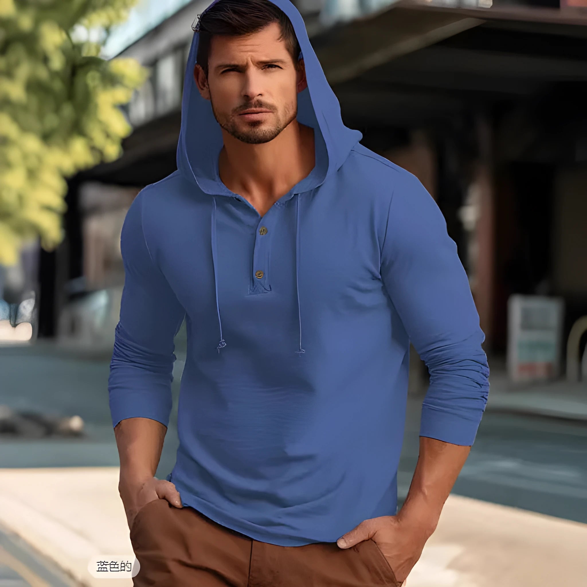 A cotton pullover hoodie for youth in dark blue, shown in a casual setting.