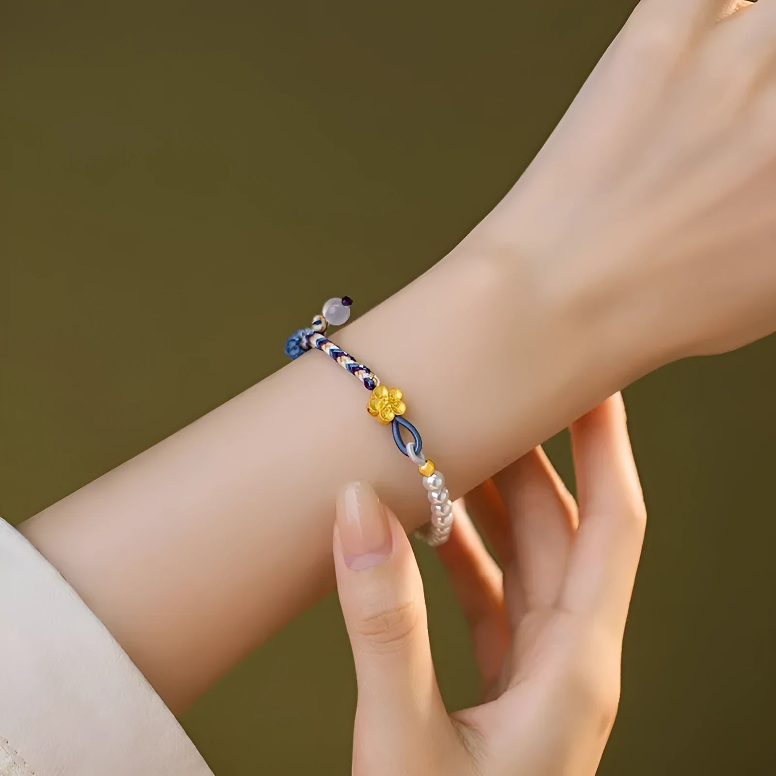 Peach coloured Chinese flower weaving carrying strap with sterling silver chalcedony and pearl decorations