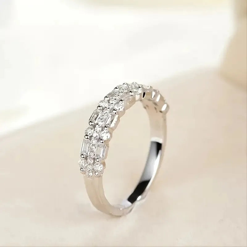 Multilayer copper ring with three-layer fine circle and line setting inlaid zircon for women