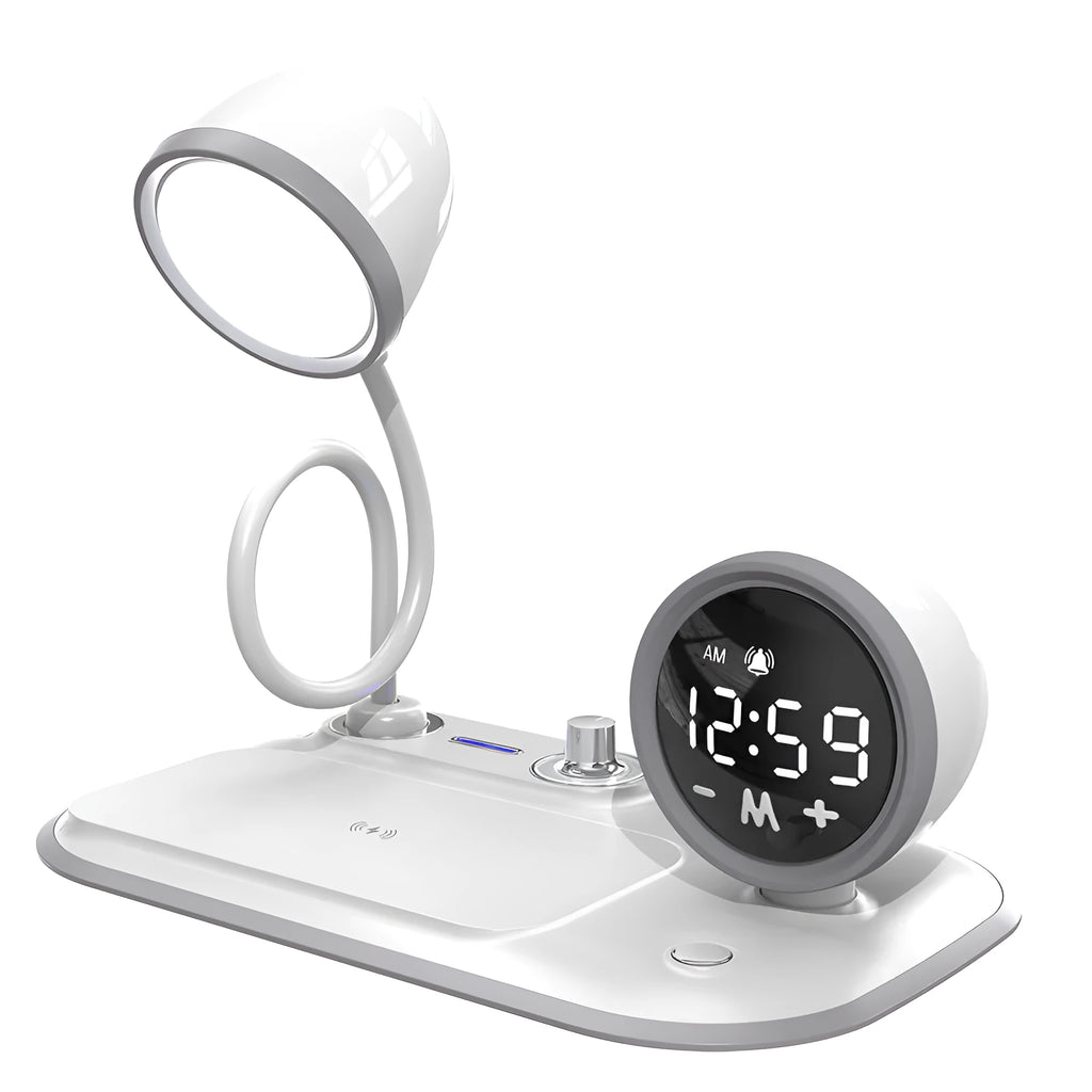 White three-in-one desk lamp with wireless charging pad, digital clock, and broad LED light panel.