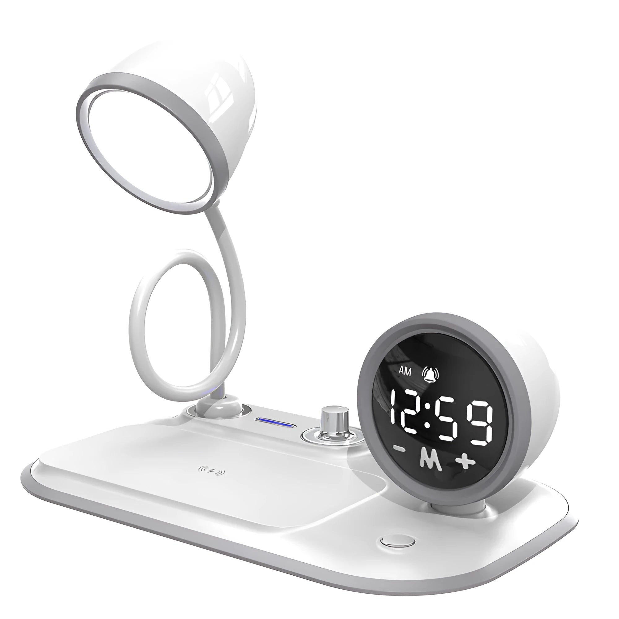 White three-in-one desk lamp with wireless charging pad, digital clock, and broad LED light panel.