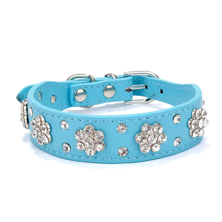 Black PU leather dog collar with silver rhinestone flower pattern and studs, shown on a small dog.