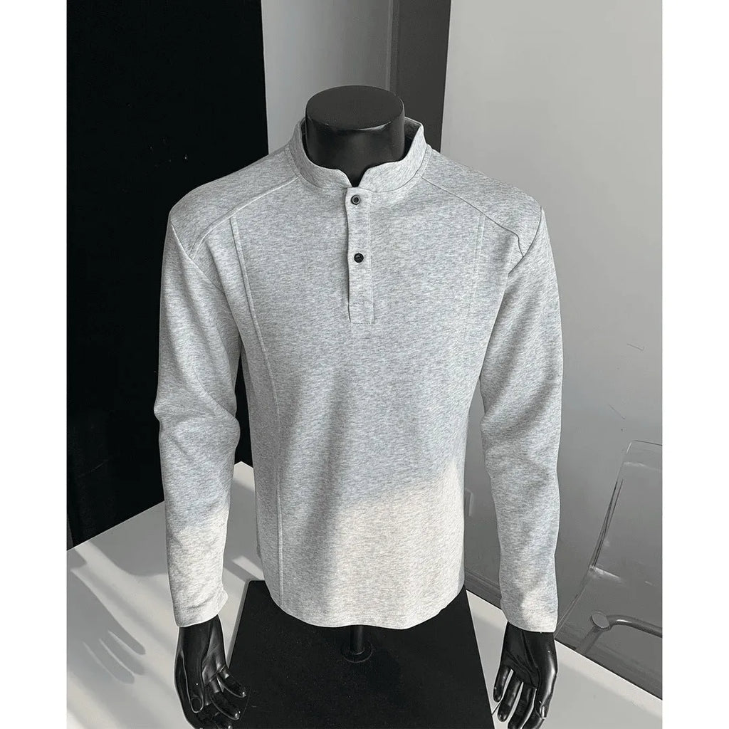 Men's polo shirt with stand-up collar and patchwork shoulder detailing in Chinese cotton fabric