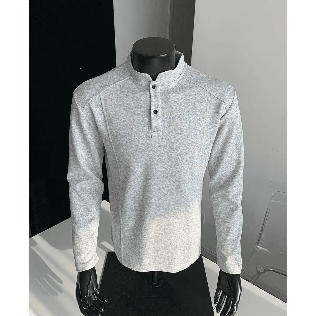 Men's polo shirt with stand-up collar and patchwork shoulder detailing in Chinese cotton fabric