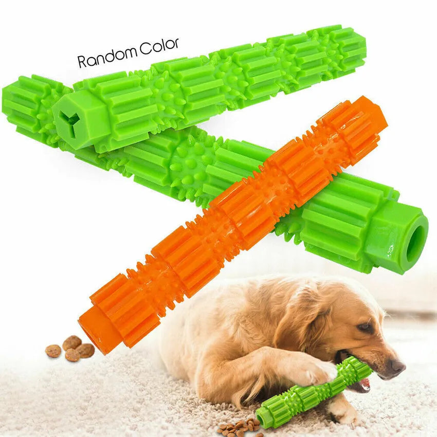 Green natural rubber dog chew toy with textured surface and treat-dispensing hole.