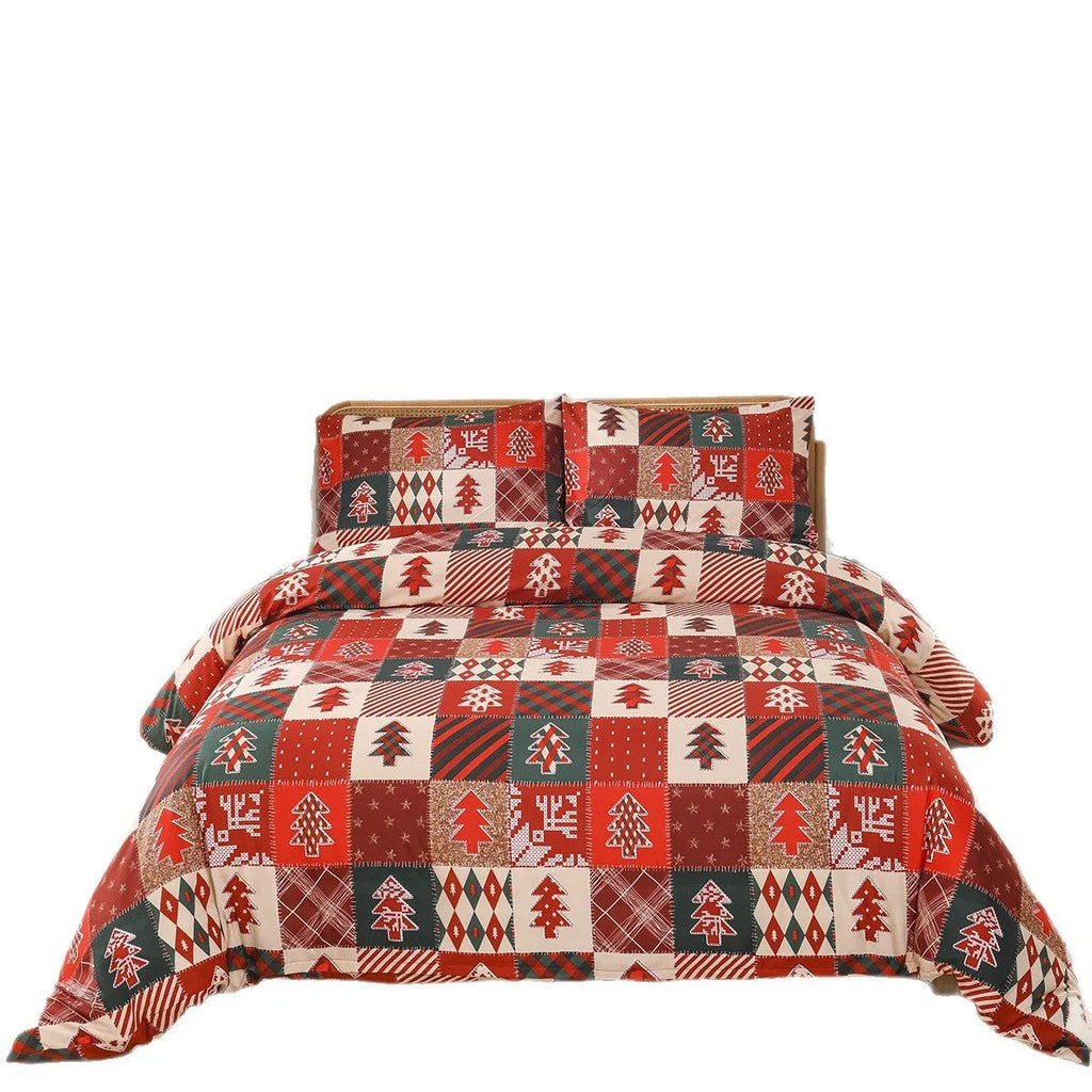 Red plaid pattern Christmas themed bedding three-piece set showing quilt cover and pillowcases.