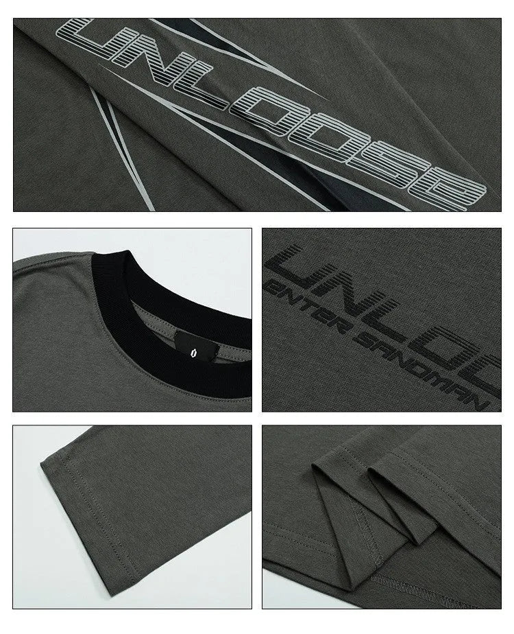 Men's loose grey cotton drop shoulder sweatshirt with long sleeves and letter print.