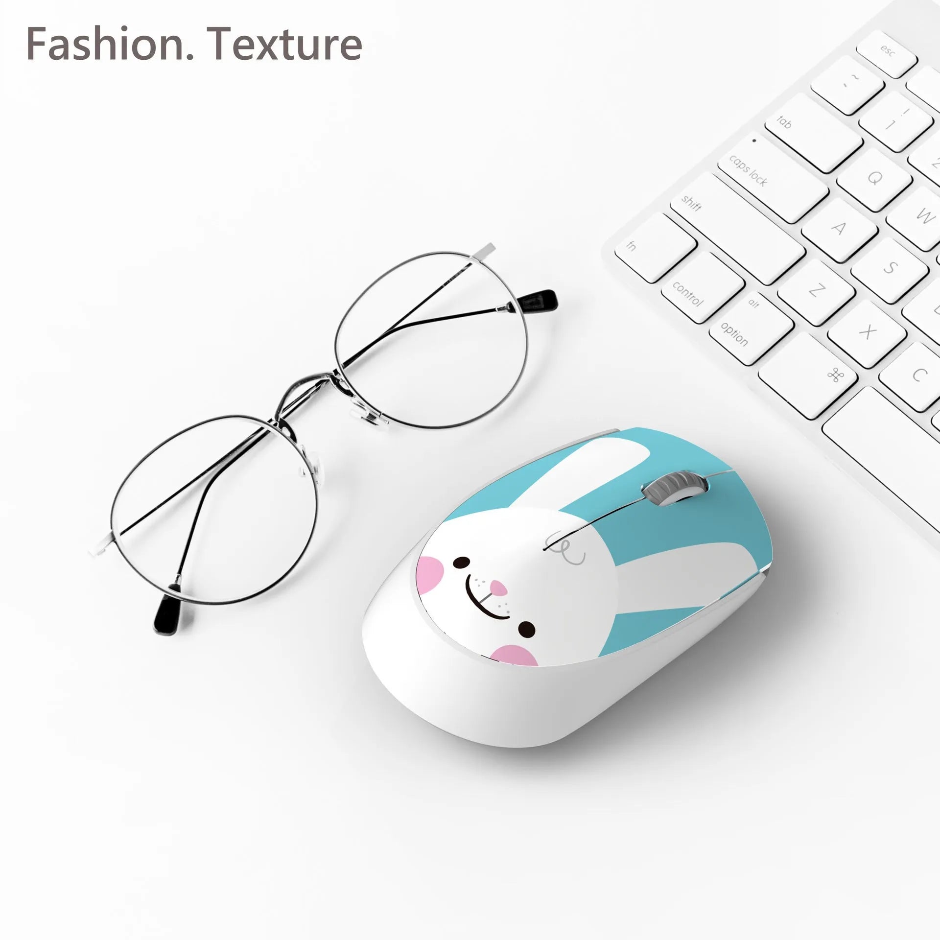 A compact wireless USB mouse for laptops shown in a blue rabbit character design.