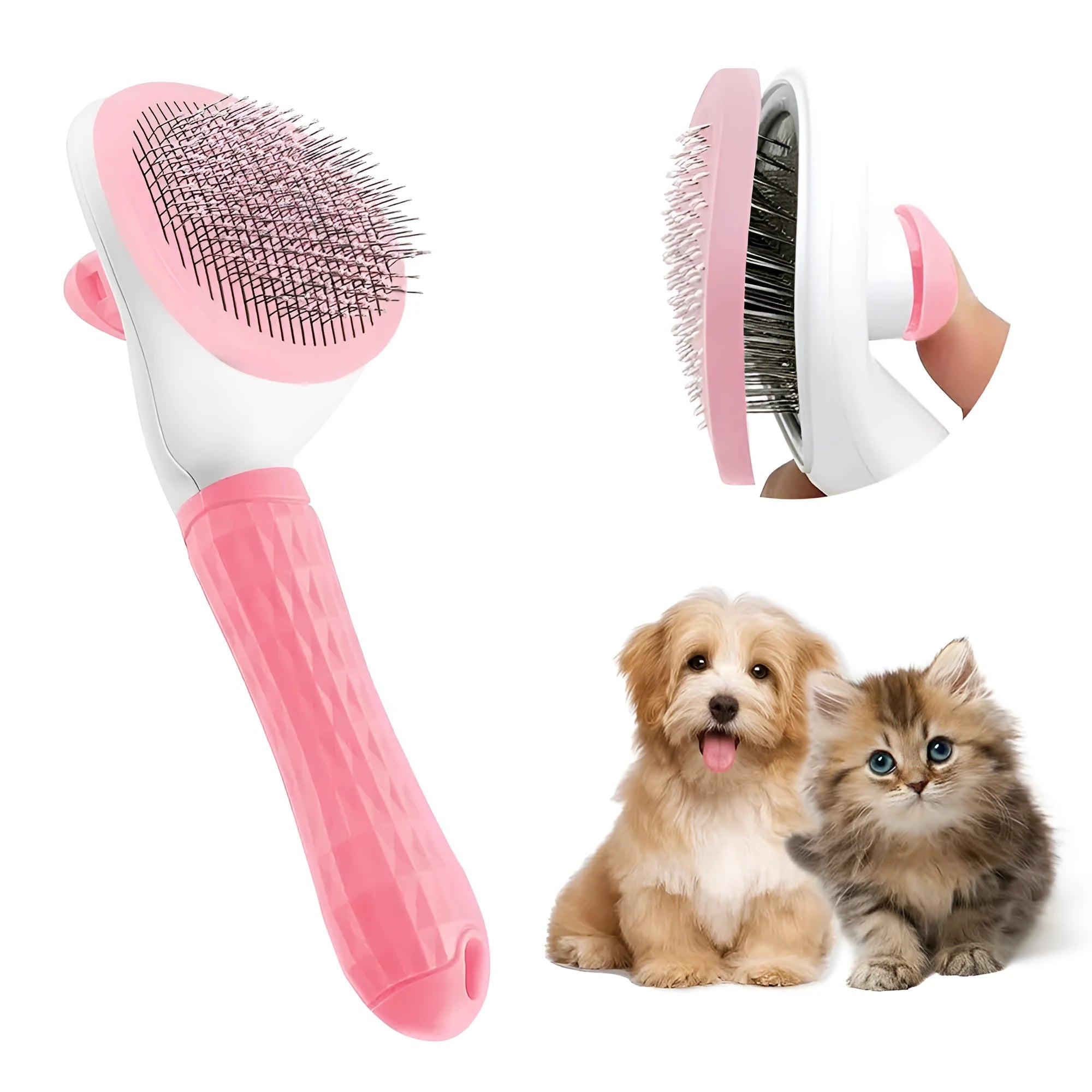 Cat grooming brush with a release button, shown in blue, grey, and pink colour options.