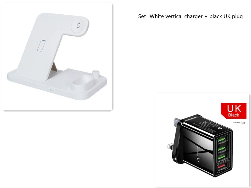 4-in-1 wireless charging station with adjustable phone stand charging multiple devices