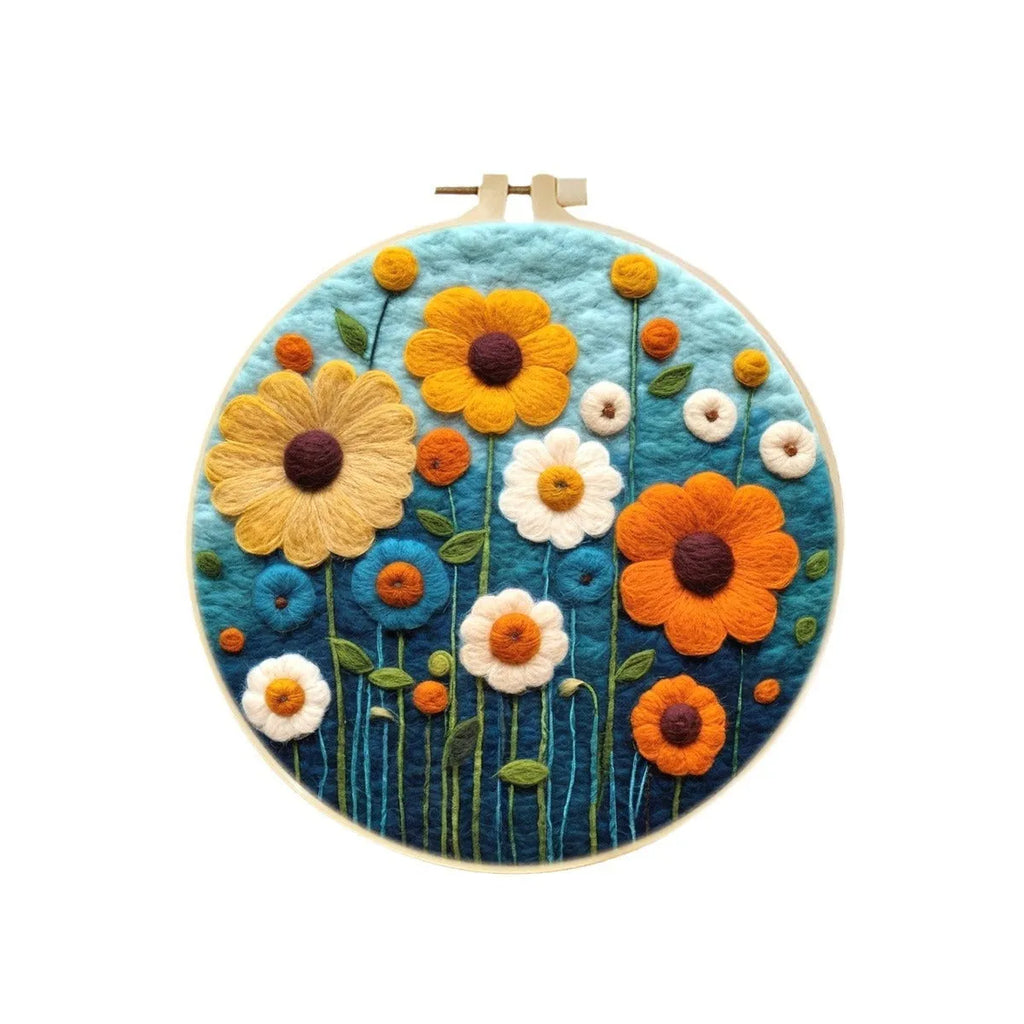 Round linen embroidery kit with wool felt pieces for 3D flowers and leaves, includes a free frame.