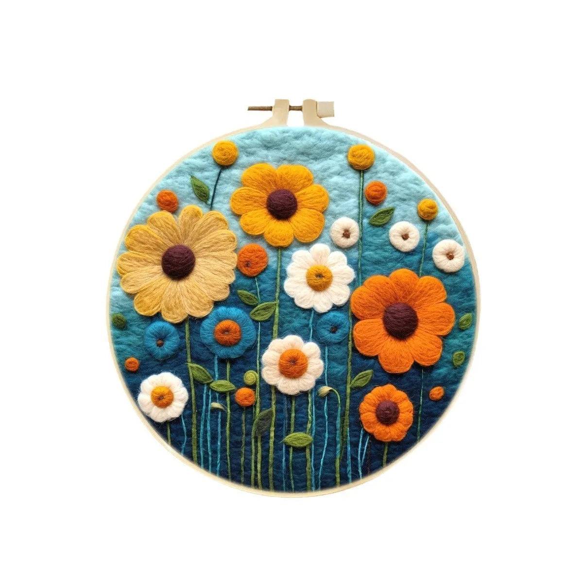 Round linen embroidery kit with wool felt pieces for 3D flowers and leaves, includes a free frame.